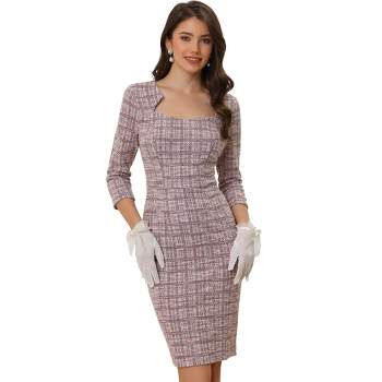 Allegra K Women's Elegant Work 3/4 Sleeve Plaid Tweed Bodycon Dresses