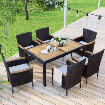 7-Piece Outdoor Patio Dining Set, Garden PE Rattan Wicker Dining Table and Chairs Set, Acacia Wood Tabletop, Stackable Armrest Chairs with Cushions