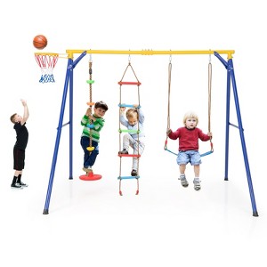 Costway 4-in-1 Kids Swing Sports Set Carbon Steel Swing Stand w/Basketball Hoop Climbing Ladder - 1 of 4