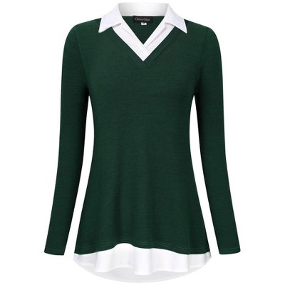 WhizMax Women's Long Sleeve Contrast Collared Shirts Patchwork Work Blouse Tunics Tops