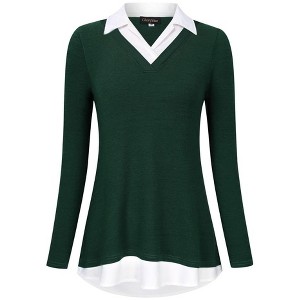 WhizMax Women's Long Sleeve Contrast Collared Shirts Patchwork Work Blouse Tunics Tops - 1 of 4