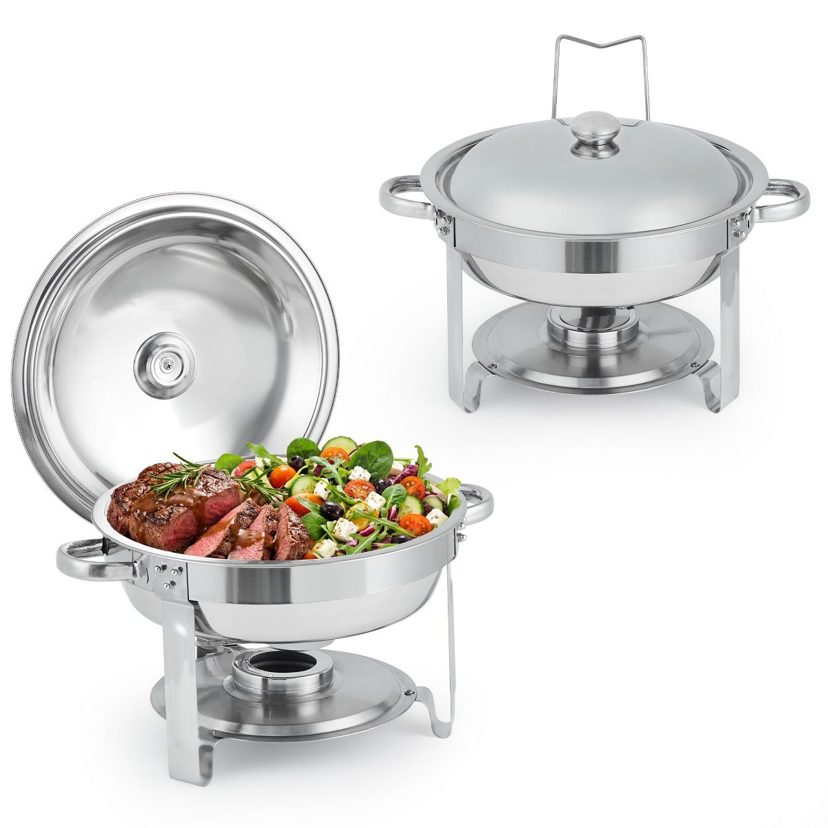 6QT Round Stainless Steel Chafing Dishes, Set of 4 Buffet Food Warmers, Metal Lids, for Catering, Parties, Silver