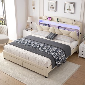 NicBex Queen Upholstered Bed Frame with Storage Headboard and 2 Drawers,Wood Platform Bed with LED Light,Charging Station,No Box Spring Needed - 1 of 4