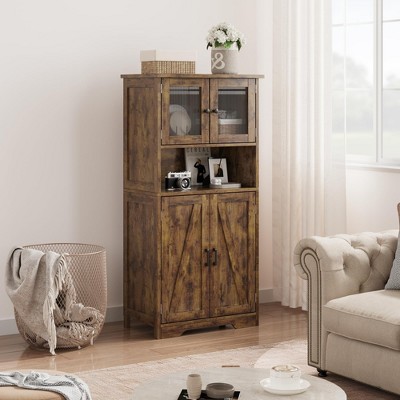 Homhougo 54in Tall Farmhouse Freestanding Kitchen Pantry Cabinet with Glass Doors and Adjustable Shelves Cupboard, Floor Cabinet Brown