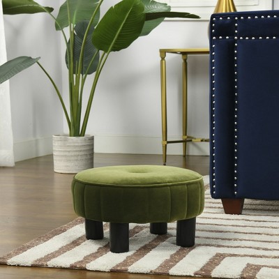 Tufted Olive Green Velvet Round Ottoman, 17"