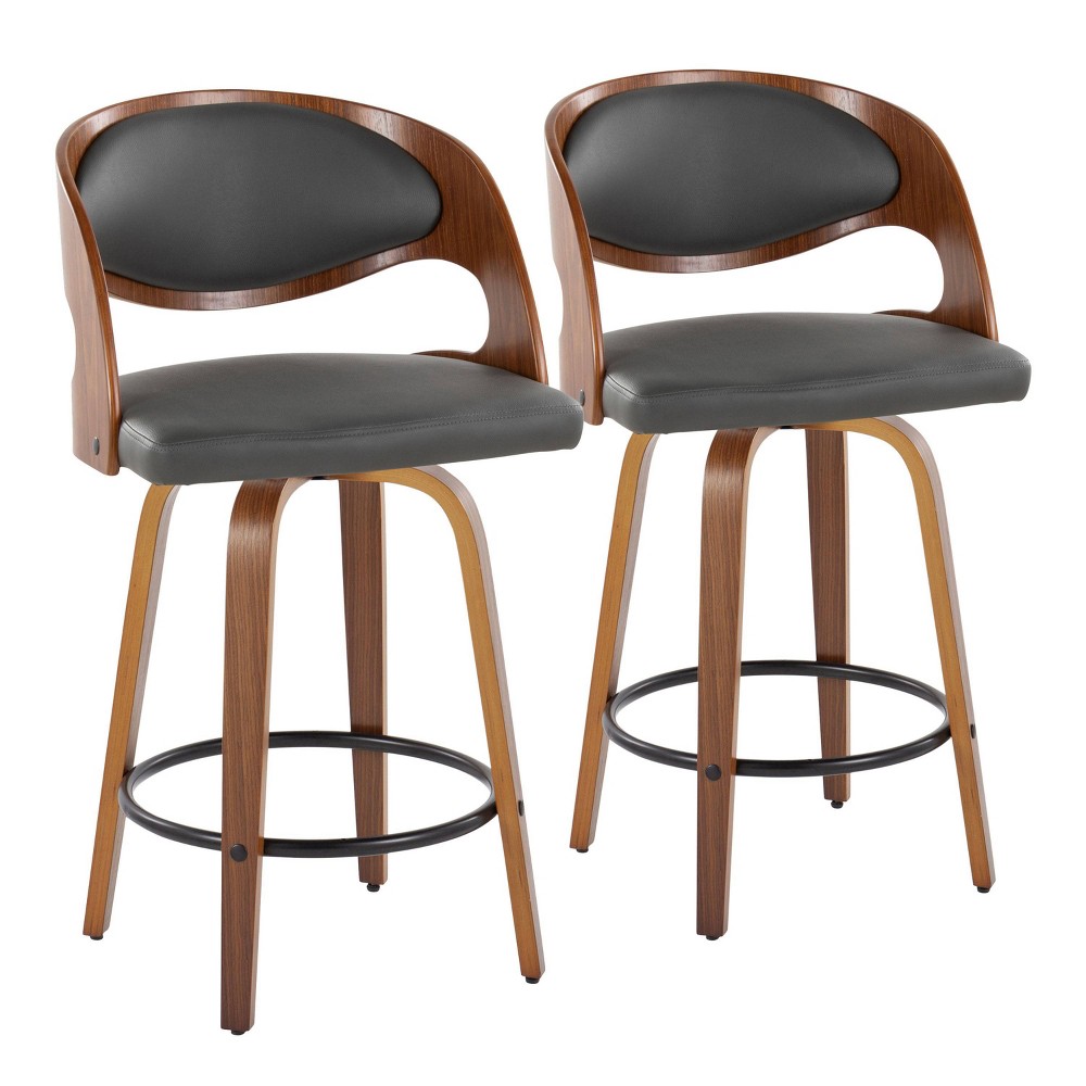 Set of 2 Pino PU Leather Counter Height Barstool Walnut/Gray: LumiSource, Fixed-Height, Swivel, Footrest