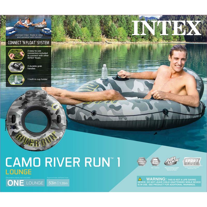 Intex 56835EP River Run I Camo Inflatable Floating Towable Water Tube Raft with Cup Holders and Handles for River, Lake, or Pools, Gray Camo (6 Pack), 5 of 8