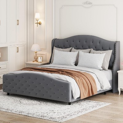 Queen Size Velvet Bed Frame with Headboard and Footboard, Tufted Wingback Headboard Upholstered Platform Bed Strong Wooden Slats Easy Assembly Beige