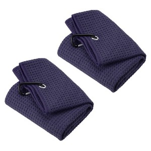 Unique Bargains Super Absorbent Waffle Pattern Tri-Fold Golf Towels with D Clips 2 Pcs - 1 of 4