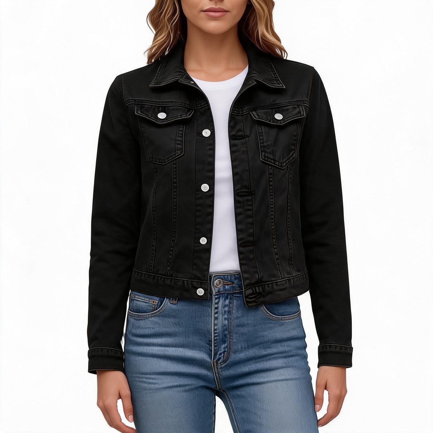 Женское пальто EadianDree Women Denim Jacket Lapel Button Down Outerwear Cropped Coat with Chest Pockets, цвет: Джинсовый — фото 1