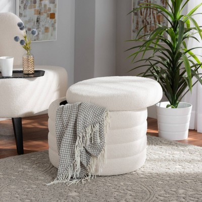 Ivory Boucle Round Storage Ottoman with Tufted Design