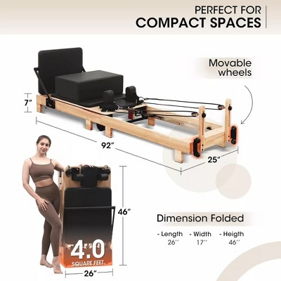 PAETA Pilates Reformer, Wooden Foldable Pilates Reformer Machine for Home and Studio, Pilates Machine Equipment with Sitting Box, Jump Board and Mat