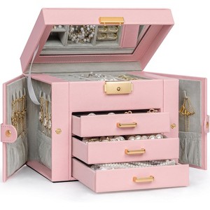 Leather Jewelry Box with Mirror & Lock, 3-Tier Organizer with 2 Drawers for Necklaces & Bracelets - 1 of 4