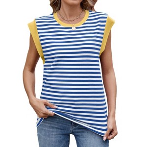 Clearlove Womens Tops Summer Cap Sleeve Pullover Crew Neck Tank Tops Basic Tee Shirts Casual Striped Loose Fit Clothes - 1 of 4