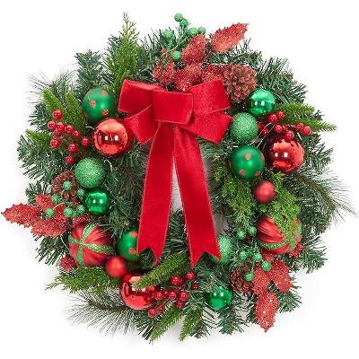Acekool 22" Holiday Wreath with Red Green Balls, Pine Cones & Velvet Bow for Door Window Wall Decor
