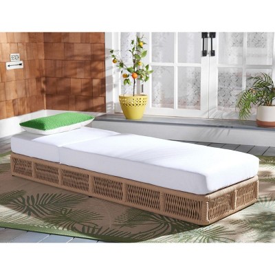 Tan Rope Wicker Armless Chaise with White Cushions