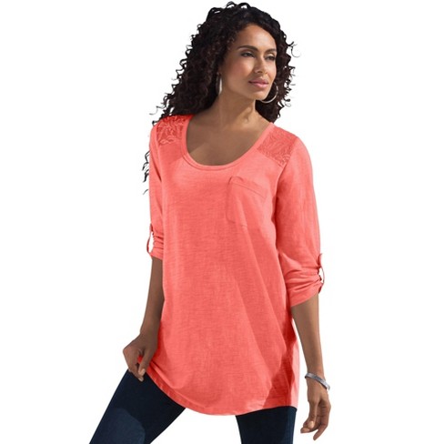 Roaman's Women's Plus Size Textured Lace-trimmed Tunic - 3x, Sunset ...