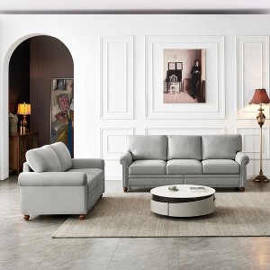 Linen Fabric 2+3 Seat Sofa Set with Storage, Round Arm, Brown Solid Wood Legs - 1 of 4