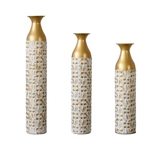 Gulches Mother's Day Gift Set - Gilded White 3D Relief Flower Metal Vase Set 24". 29". 32. 68 height - 1 of 4