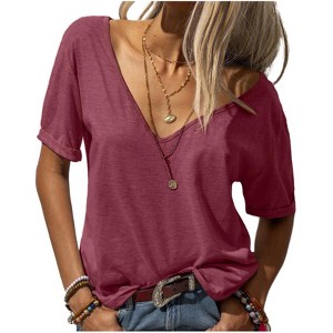Imily Bela Womens T Shirt Deep V Neck Short Sleeve Casual Fit Basic Fashion Top - 1 of 3