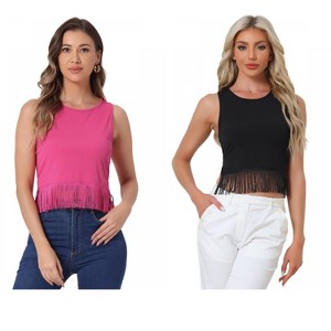 INSPIRE CHIC Women's Ribbed Knit Crew Neck Sleeveless Crop Tassel Trim Tank Tops 2 Packs - 1 of 4