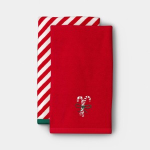 2pk Candy Cane and Red/White Striped Christmas Hand Towel Set - Wondershop™ - 1 of 3