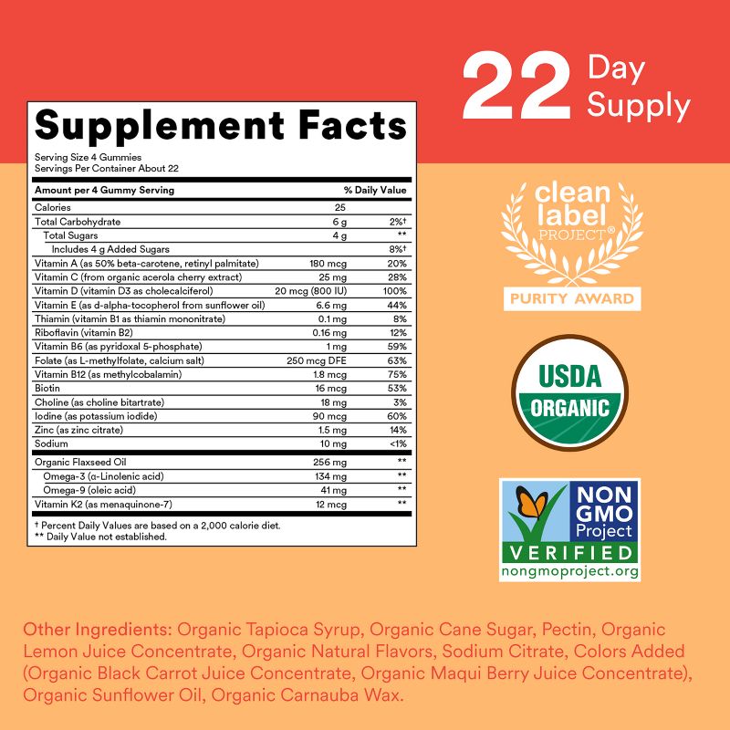 SmartyPants Organic Kids Multi &#38; Vegetarian Omega 3 Gummy Vitamins with D3, C &#38; B12 - 90 ct, 4 of 11