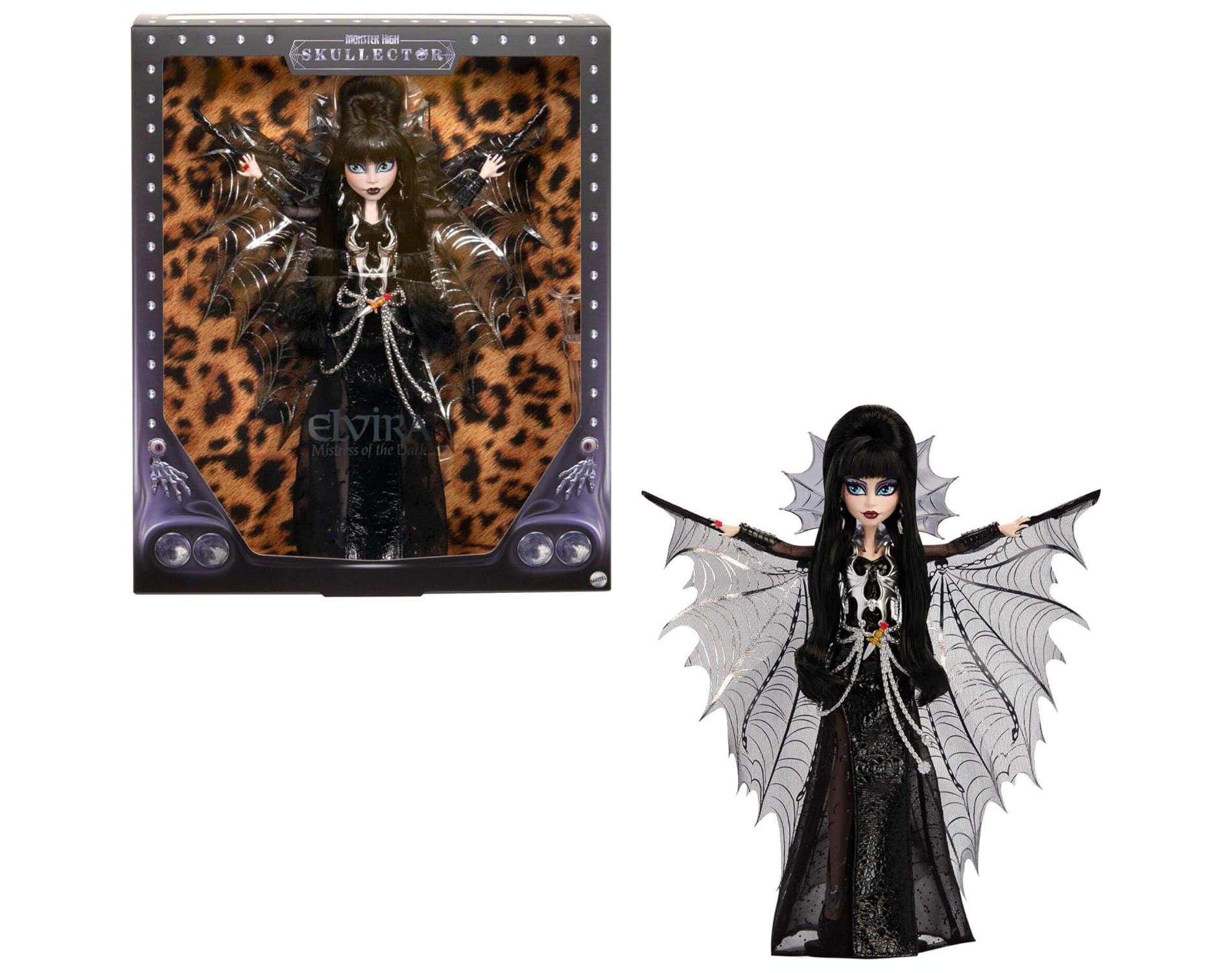 Monster High Doll, Elvira, Mistress of The Dark Collectible in Black Faux Leather Dress with Silvery Batwing Cape and Premium Accessories