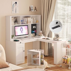 Vynxaria White L-Shaped Corner Desk with Charger (2 USB+3 Outlets) Drawers/Bookshelf Storage - 1 of 4