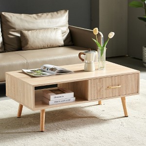 KTMBDW Coffee Table 41" Mid Century Modern Center Table with Drawer, Fluted Living Room Table with Storage, Open Shelf Coffee Table - 1 of 4