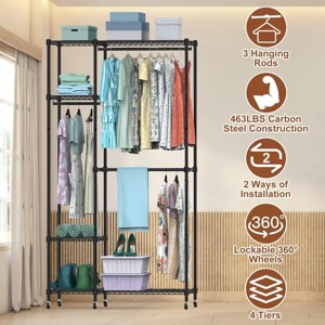 Racxily 4 Tier Heavy Duty Garment Rack with Wheels Carbon Steel Clothing Rack Portable Wardrobe Clothes Rack with 3 Hanging Rods 6 Footrests - 1 of 4