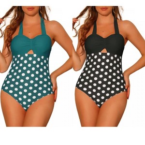 Elerevyo Women's Halterneck Polka Dot Monokini Tummy Control Cut Out String Swimsuit Bathing Suits 2 Sets - 1 of 4