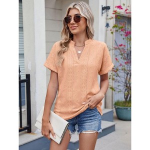 Summer Tops for Women 2025 Short Sleeve V Neck Dressy Lace Eyelet Blouses Shirts - 1 of 4