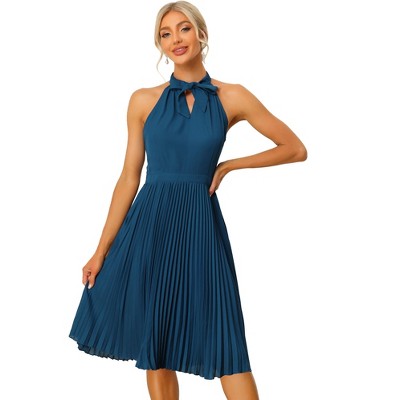 Allegra K Women's Summer Tie Halter Neck Sleeveless Cocktail Pleated Dress