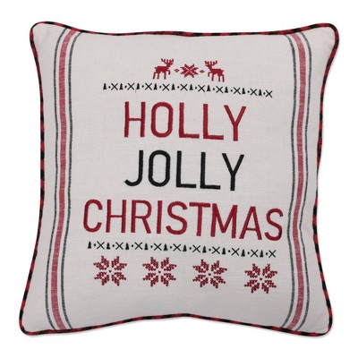 18"x18" 'Holly Jolly Christmas' Indoor Square Throw Pillow - Pillow Perfect: Embroidered, Scandinavian Design, Zippered