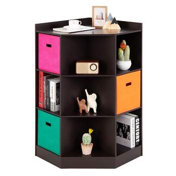 Tangkula 3-Tier Kids Storage Shelf Cubes w/3 Baskets Corner Cabinet Organizer Brown