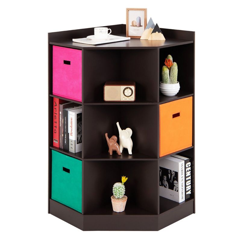 Tangkula 3-Tier Kids Storage Shelf Cubes w/3 Baskets Corner Cabinet Organizer Brown, 1 of 11