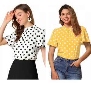 INSPIRE CHIC Women's Polka Dots Stand Collar Pleat Keyhole Back Short Flare Sleeve Tops 2 Packs - 1 of 4