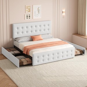 Bed Frame with 4 Storage Drawers, Linen Upholstered Platform Bed Frame with Wooden Slats Support, Button Tufted Design - 1 of 4