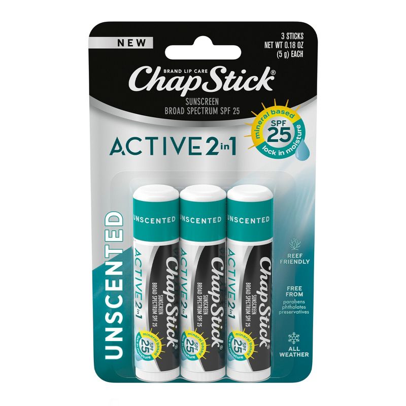 Chapstick Active 2-in-1 Unscented Lip Balms - 0.45oz/3ct, 1 of 9