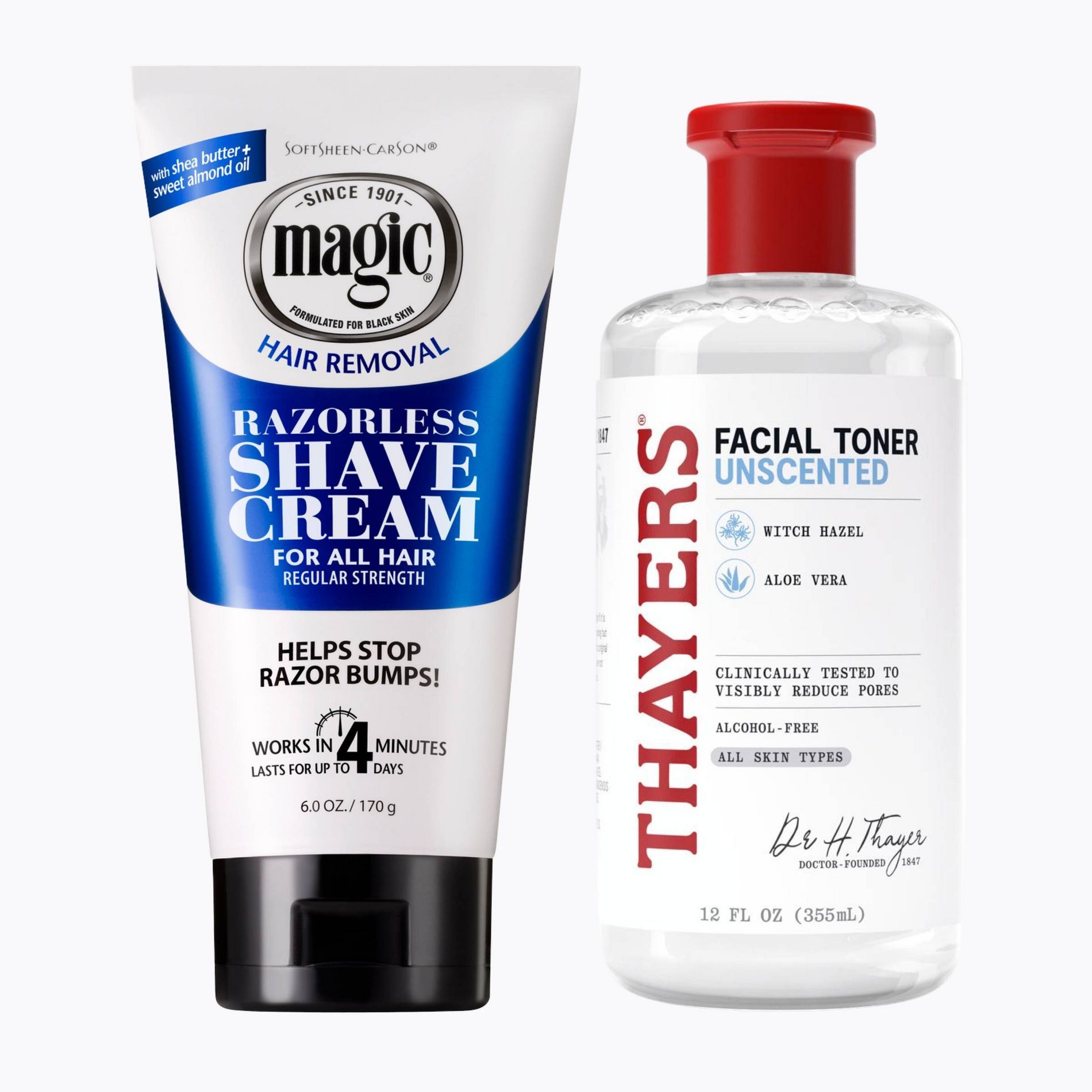 Magic Razorless Shaving Cream Hair Removal, Beard Maintenance, Depilitory Cream 6oz Each + Thayers Remedies Witch Hazel Alcohol Free Toner 12 fl oz