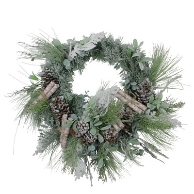 Allstate Floral 24” Artificial Frosted Pine, Birch Scrolls and Pine Cone Christmas Wreath - Unlit