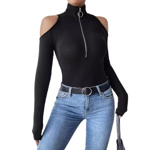 Women's Ribbed Shoulder Long Sleeve Top Half-Zip Mock Neck Fitted