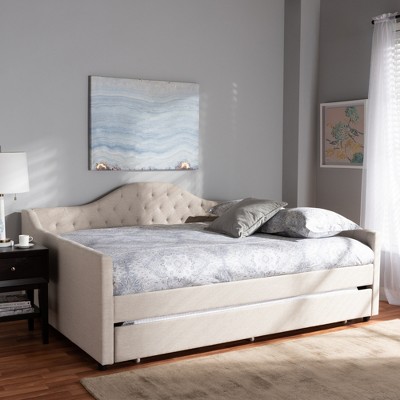 Light Beige Full Upholstered Daybed with Trundle and Tufted Headboard