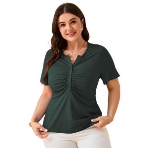 Coolmee Women Plus Size V Neck Button Blouse Short Sleeves Summer Comfy Lightweight Casual Tunic Tops - 1 of 4