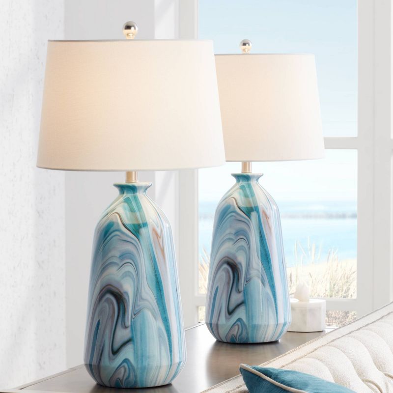 360 Lighting Carlton Modern Coastal Table Lamps 28" Tall Set of 2 Swirling Blue Faux Marble White Tapered Drum Shade for Bedroom Living Room Bedside, 2 of 9