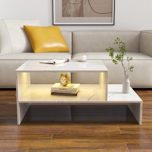 Modern Coffee Tables for Living Room, LED Coffee Table, Storage Coffee Table, Wood Center Table with 2 Drawers and Open Side Shelf, White - 1 of 4