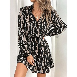 Clearlove Women's Summer Wrap V Neck Swing Ruffle Long Sleeve Ruffled  Slim Mini Dress - 1 of 4