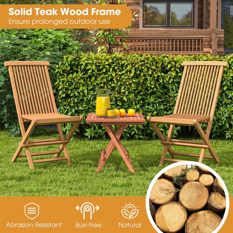 Costway 3PCS Patio Bistro Set Square Table Indonesia Teak Wood Folding Chair Slatted Tabletop Seat, 4 of 10