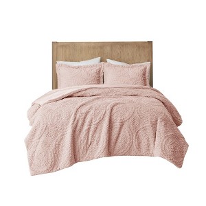 SEVOBAL Bedding Sets, Twin Embroidered Medallion Faux Fur Comforter Mini Set with Soft Mink Reverse, Pink, 19.29"*10.83"*10.83" - 1 of 4